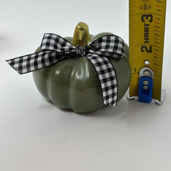 Farmhouse Fall Pumpkin Decor Set White Gray Green Buffalo Check Bow Autumn Decor - Picture 8 of 9